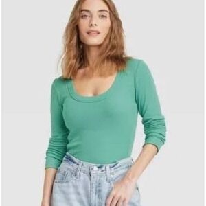 Universal Thread Green Ribbed Scoop Neck Long Sleeve Top XL NEW